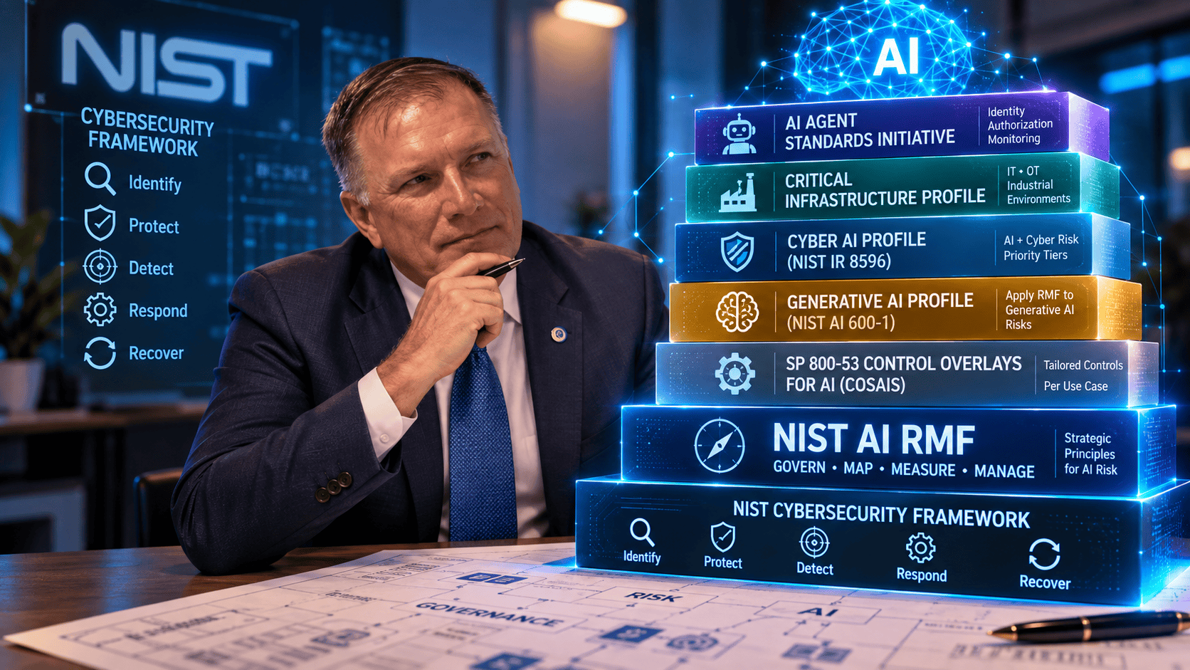 2024 brussels Executive at a desk considering a stacked tower of NIST AI publications, from the Cybersecurity Framework at the base up through the AI RMF, control overlays, profiles, and the AI Agent Standards Initiative